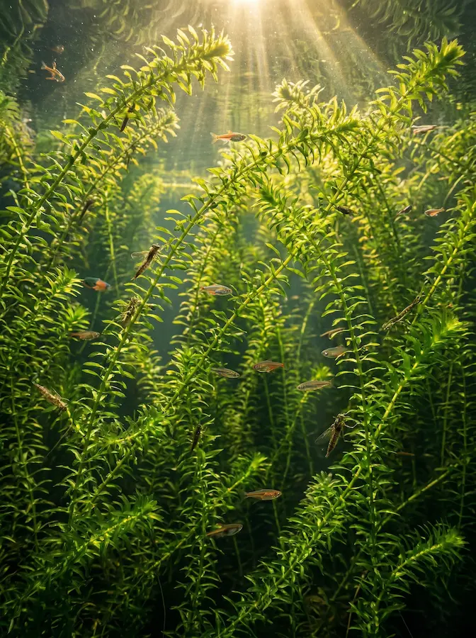 Detalle submarino de una colonia densa y saludable de plantas oxigenantes Elodea canadensis en agua cristalina de un estanque de jardín.