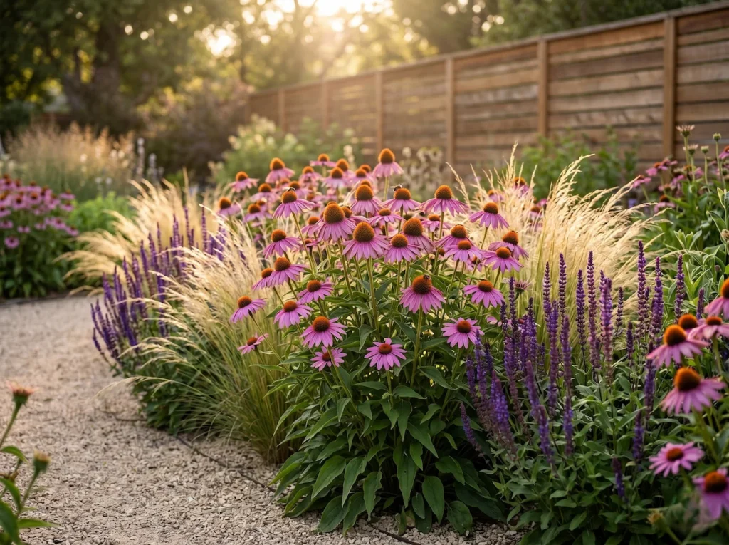 Su color púrpura rosáceo crea un contraste armónico con las tonalidades doradas y pajizas de las gramíneas circundantes (Miscanthus o Stipa)