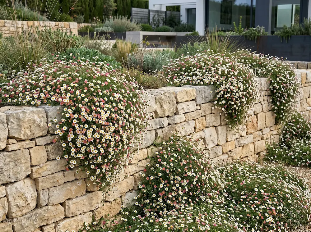 Integración paisajística de Erigeron karvinskianus desbordando de forma orgánica entre las juntas de una mampostería de piedra seca en un jardín aterrazado.