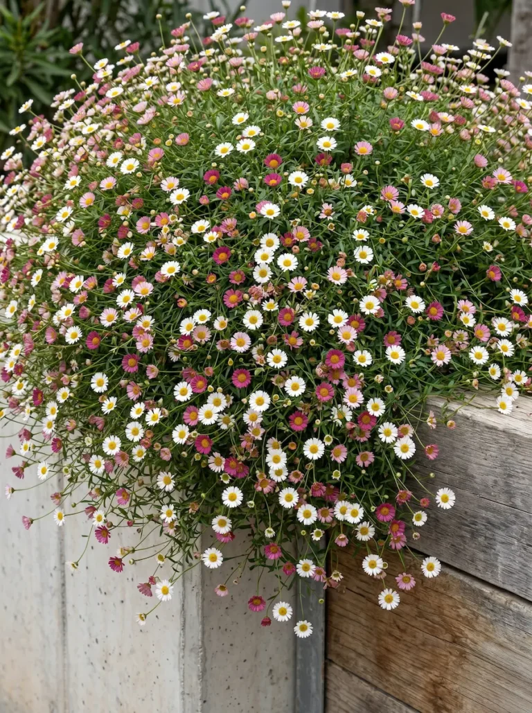 Primer plano fotográfico de las diminutas flores bicolores, en tonos blanco y magenta, de la Margarita cimarrona sobre un denso follaje filiforme.