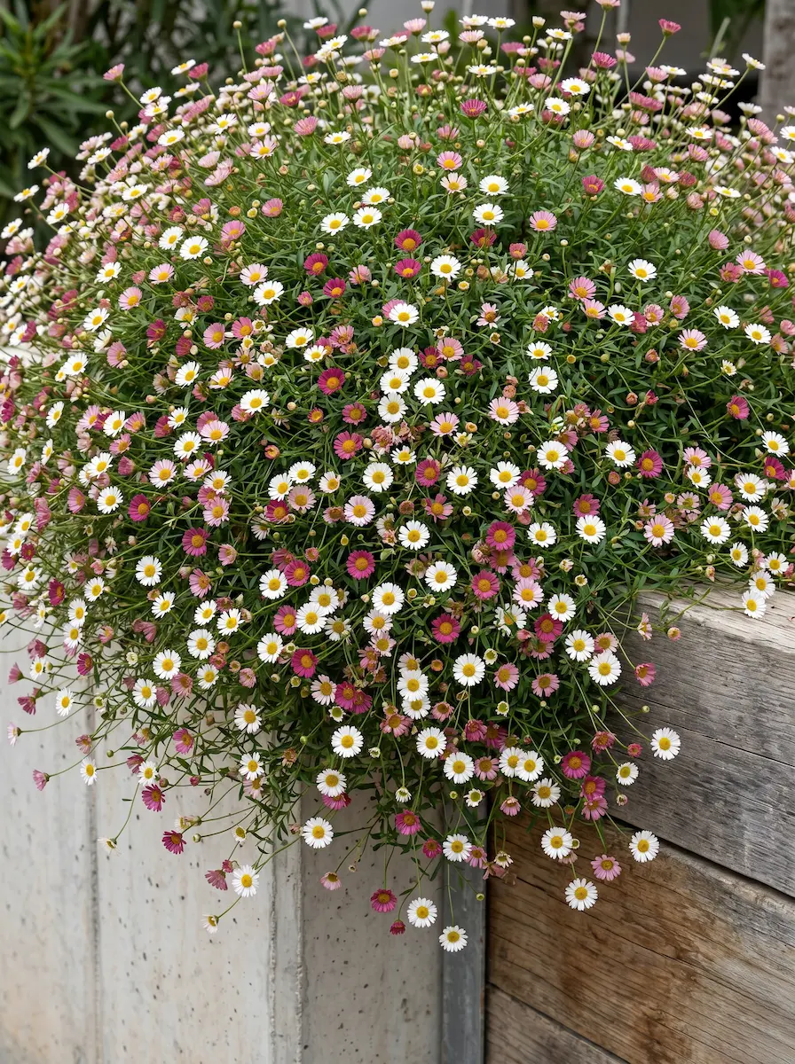Primer plano fotográfico de las diminutas flores bicolores, en tonos blanco y magenta, de la Margarita cimarrona sobre un denso follaje filiforme.