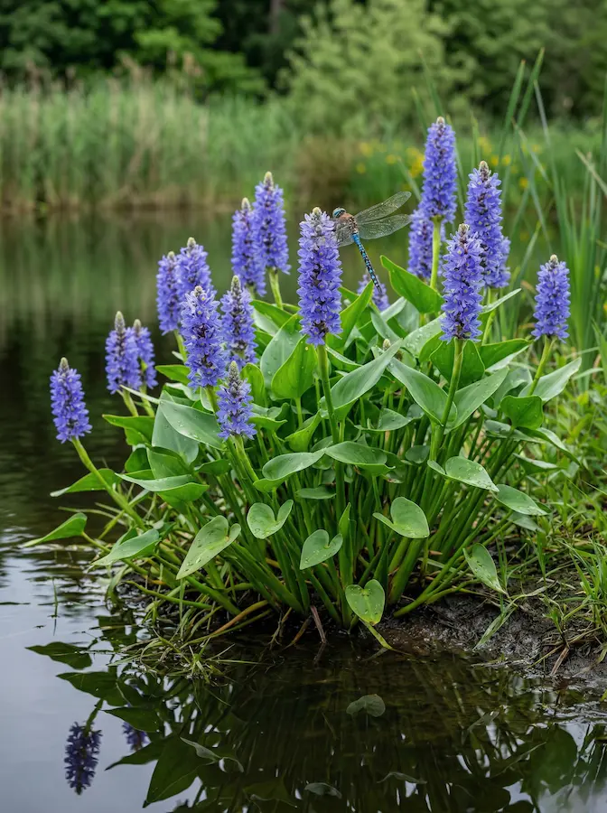 Espigas azules de Pontederia cordata rodeadas de hojas verdes en la zona palustre del estanque.