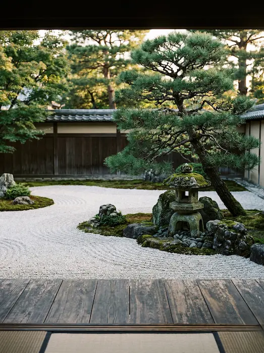 linterna de piedra de estilo Oribe, parcialmente abrazada por un pino Niwaki de ramas transparentes y equilibradas, actúa como punto focal secundario.