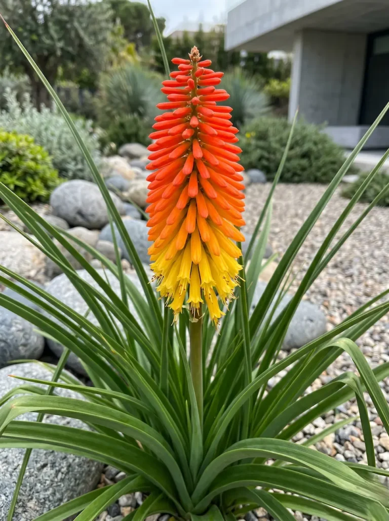 Primer plano fotográfico de la espiga floral bicolor de la Kniphofia uvaria 'Grandiflora', mostrando la transición del rojo anaranjado al amarillo, junto a su follaje acintado.