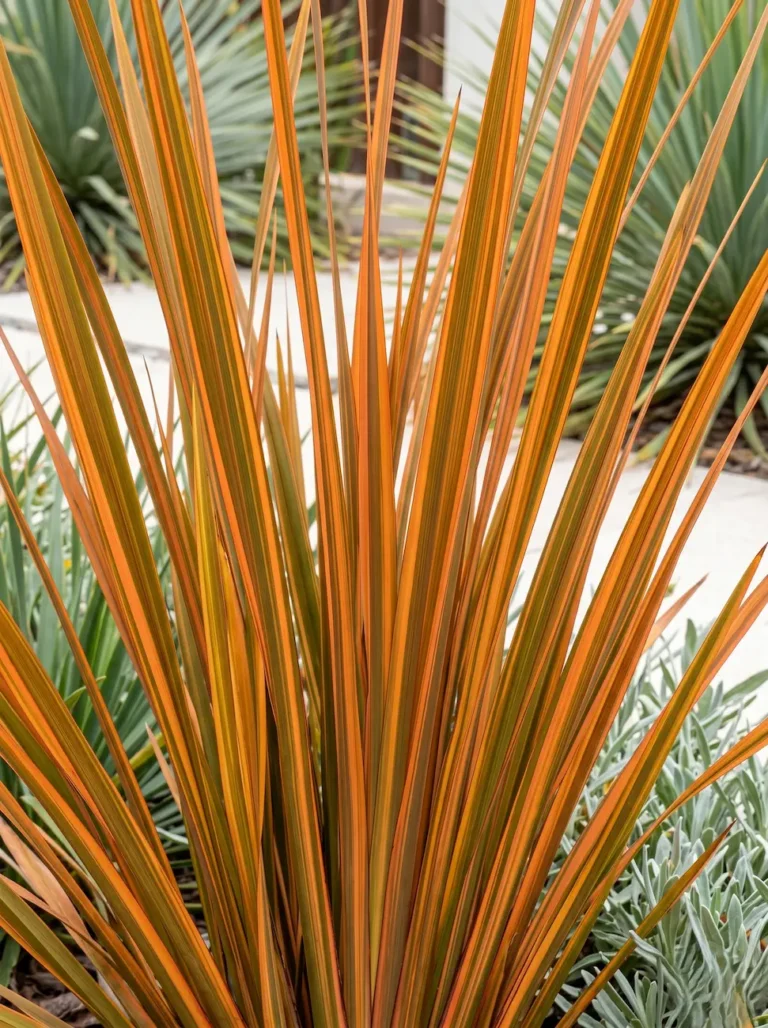 Primer plano fotográfico de las hojas rígidas y ensiformes de la Libertia peregrinans, destacando su estriado longitudinal y su intensa pigmentación cobriza.