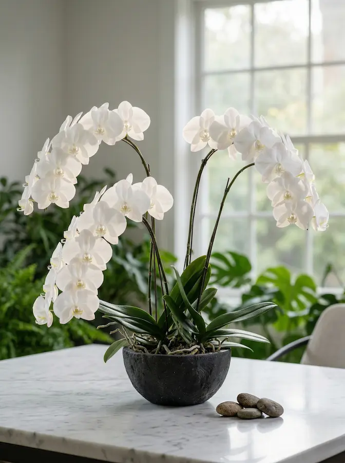 Orquídea Phalaenopsis blanca en cuenco de piedra volcánica negra sobre mármol.