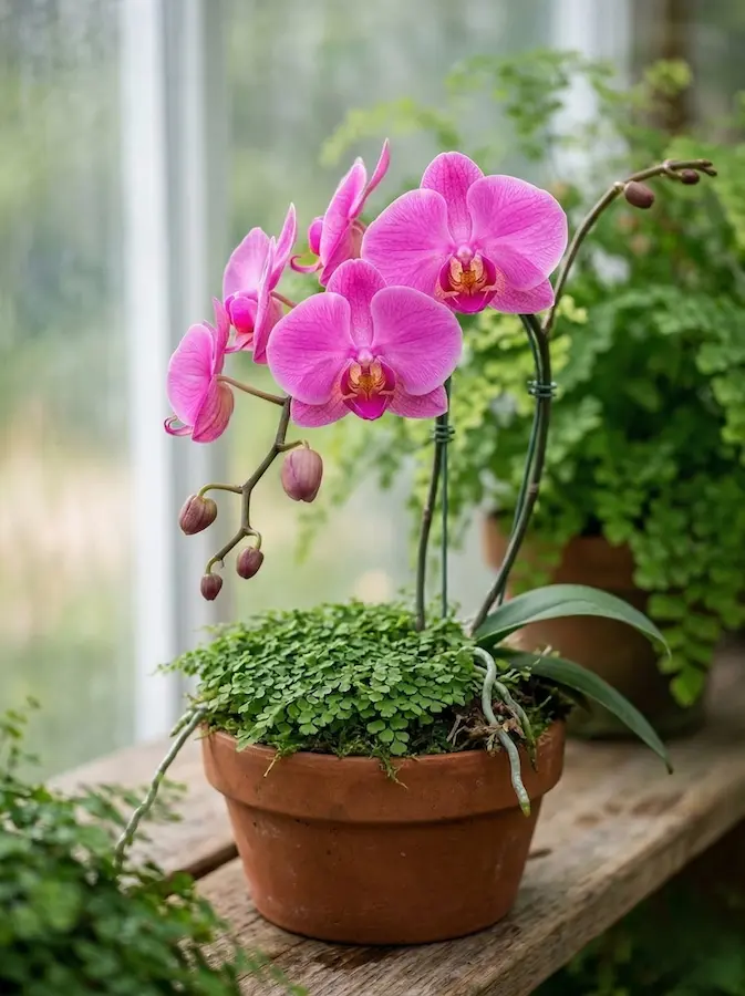 Orquídea Phalaenopsis rosa intenso integrada entre helechos verdes.