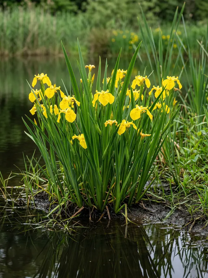Primer plano vertical de lirios amarillos (Iris pseudacorus) creciendo en la orilla de un estanque.