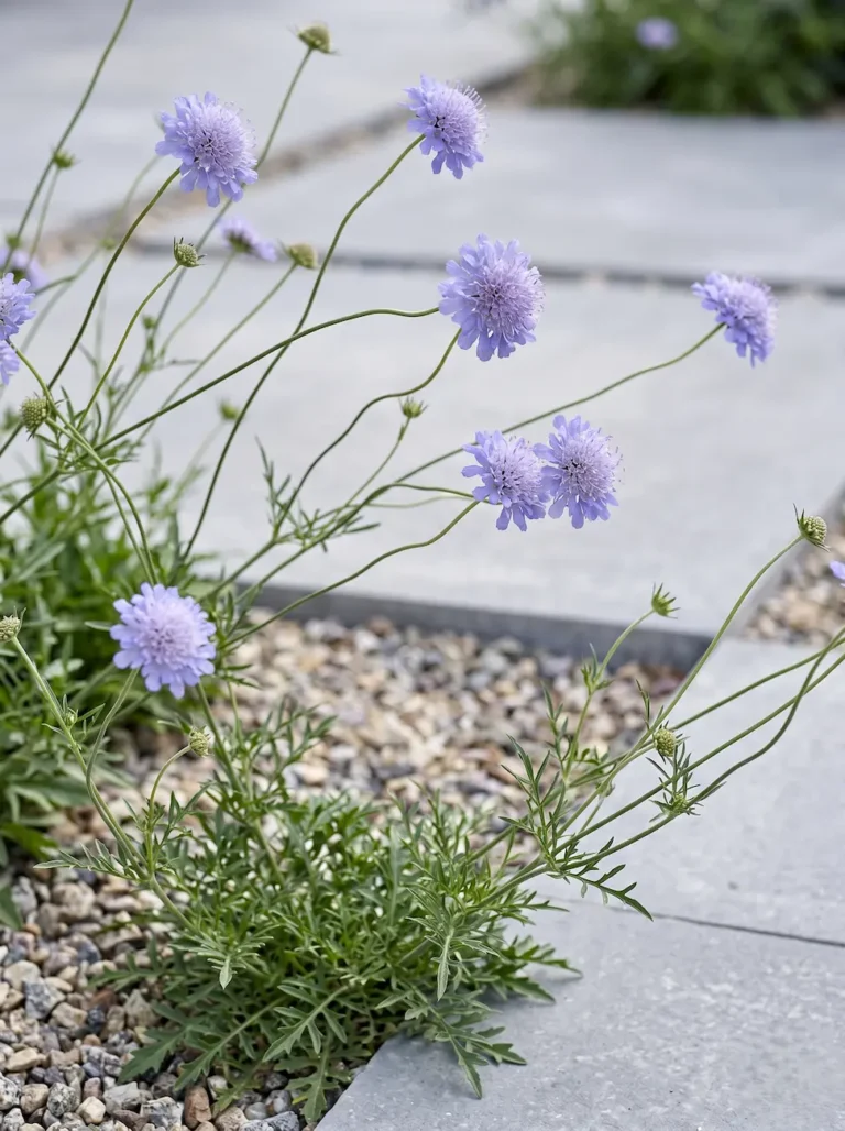 Primer plano fotográfico de las flores en forma de acerico de la Escabiosa sobre sus característicos tallos gráciles, mostrando sutiles tonos lavanda.