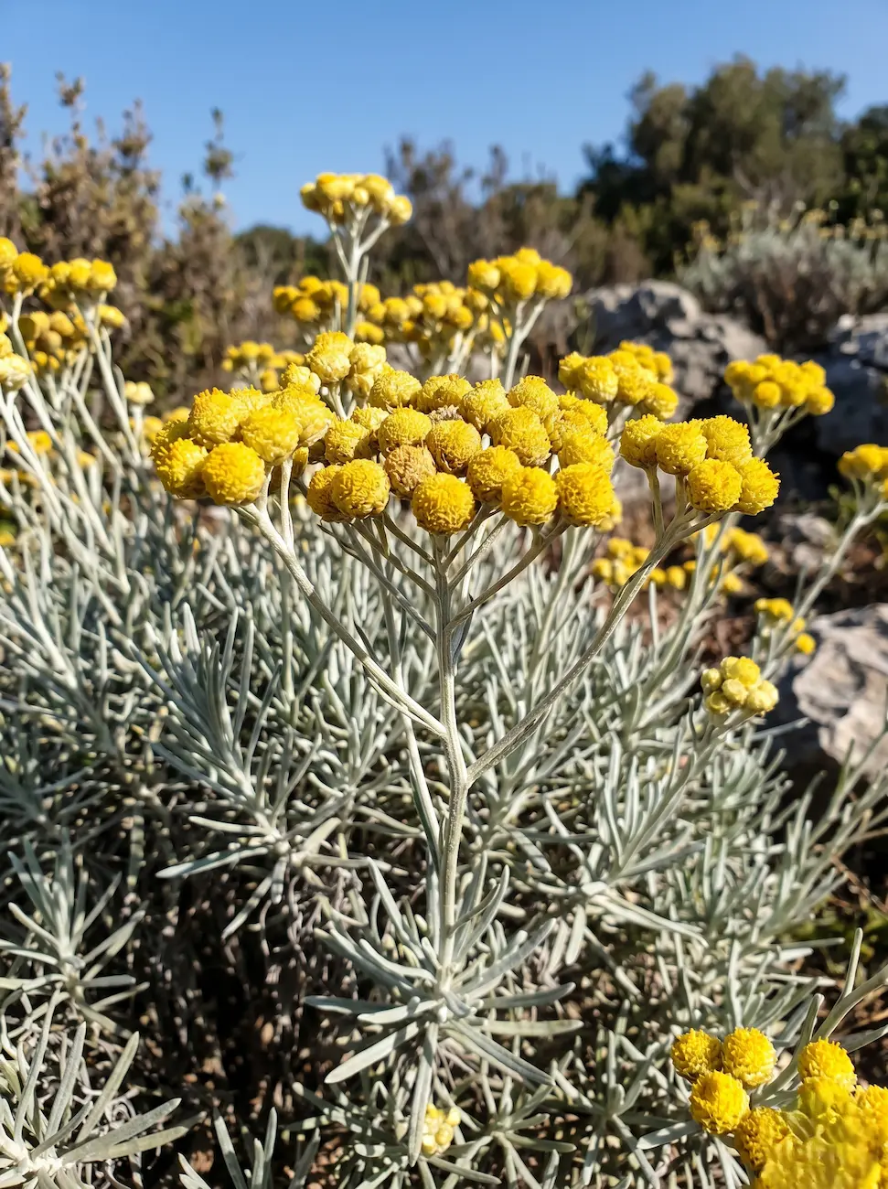 Primer plano fotográfico de los capítulos florales esféricos y amarillos sobre el follaje ceniciento de la Siempreviva de arenas.