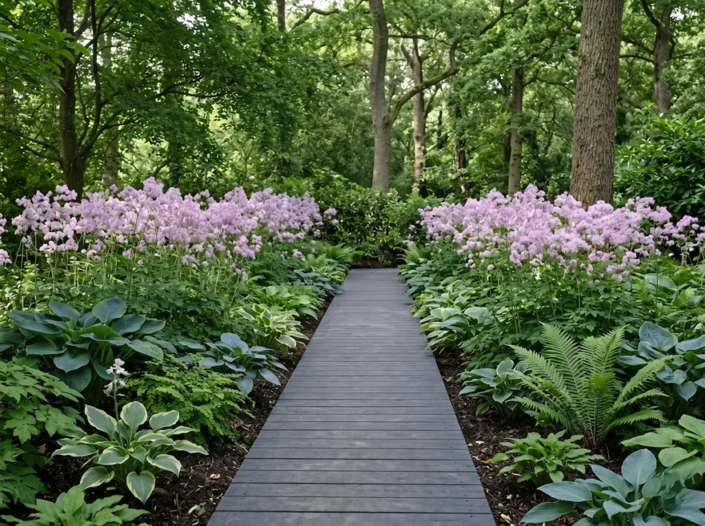 Integración paisajística del Thalictrum aquilegiifolium aportando verticalidad translúcida en un jardín boscoso contemporáneo, escoltando una pasarela de madera tratada oscura bajo luz moteada.