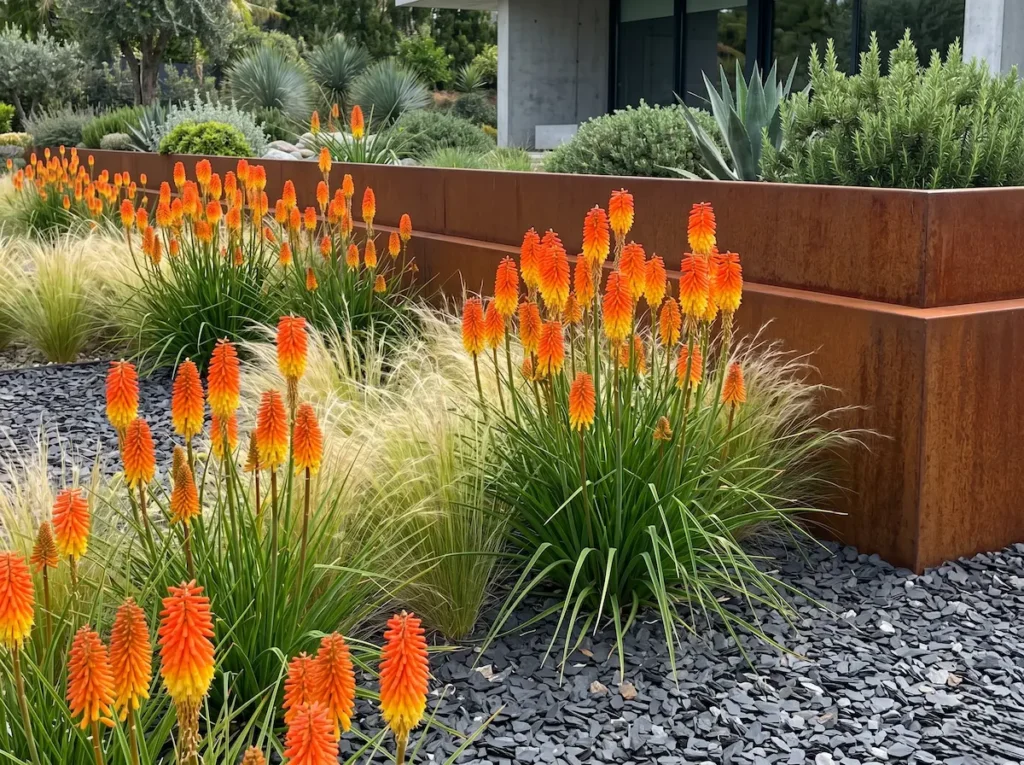 Integración paisajística de grupos de Tritomas aportando verticalidad junto a un paramento de acero corten en un jardín contemporáneo de grava oscura.