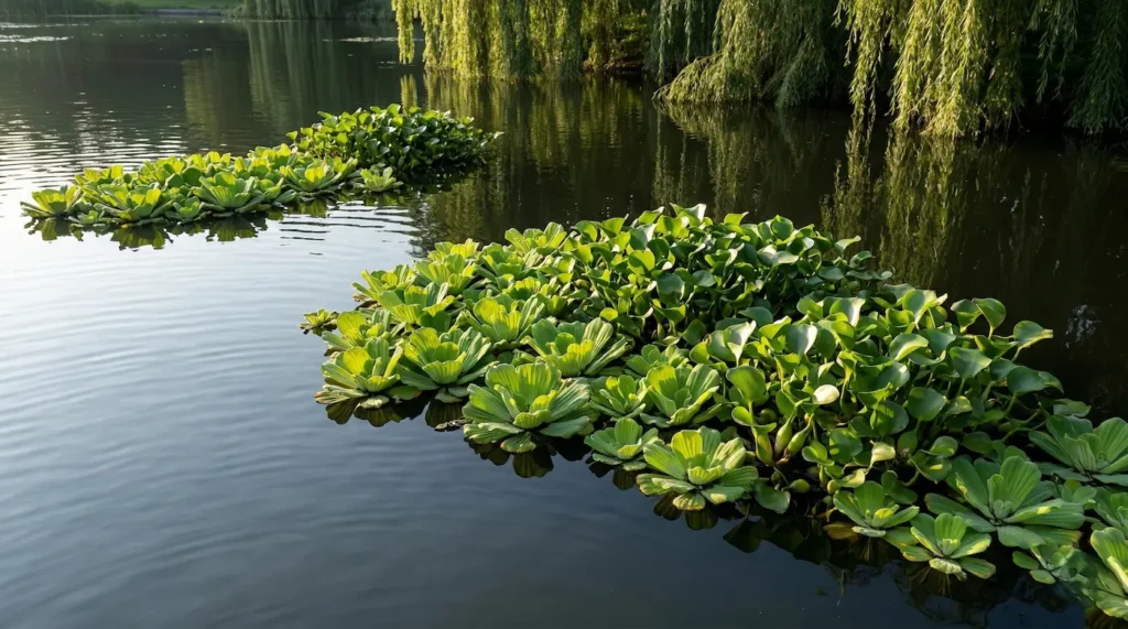 Vista panorámica de un estanque con plantas flotantes (lechugas y jacintos de agua) bajo la luz suave del amanecer.