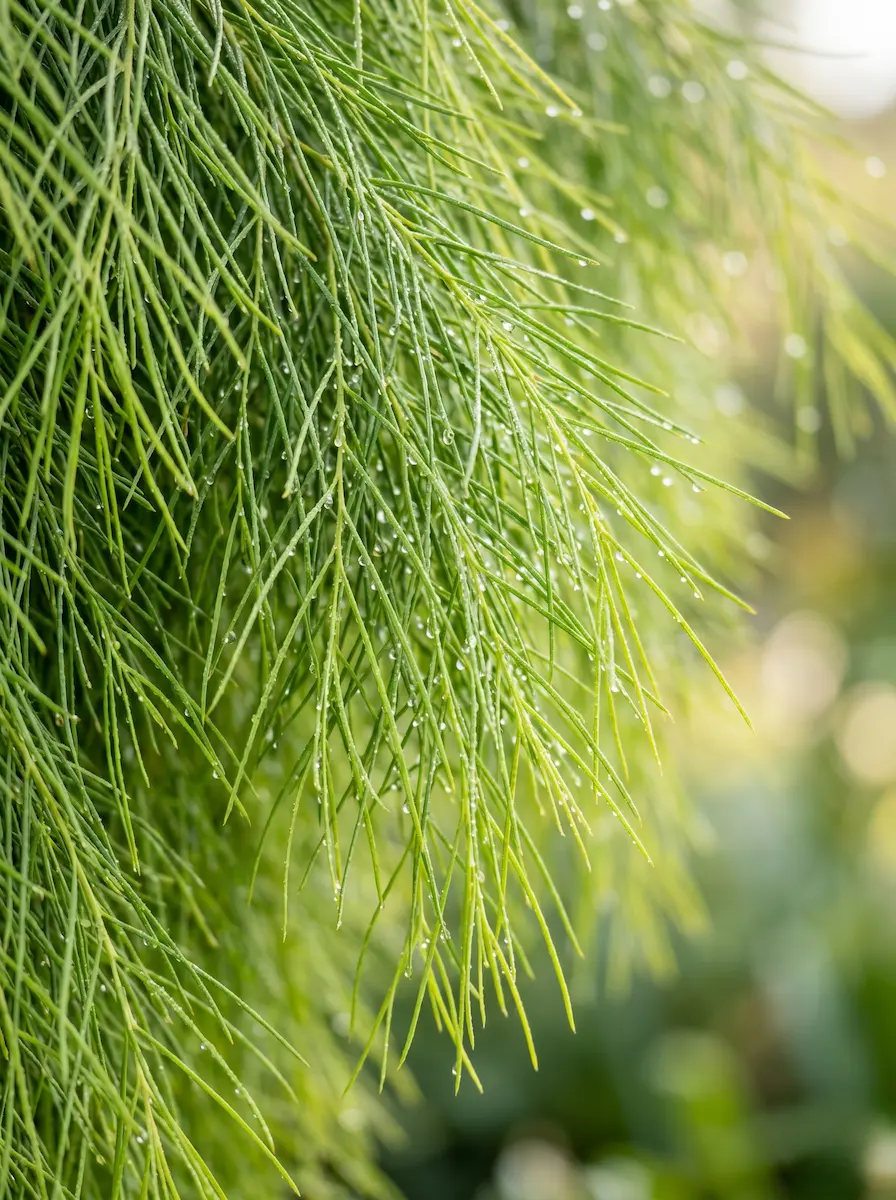 Fotografía macro de los filodios finos y péndulos de color verde lima vibrante de la Acacia cognata ‘Limelight’.