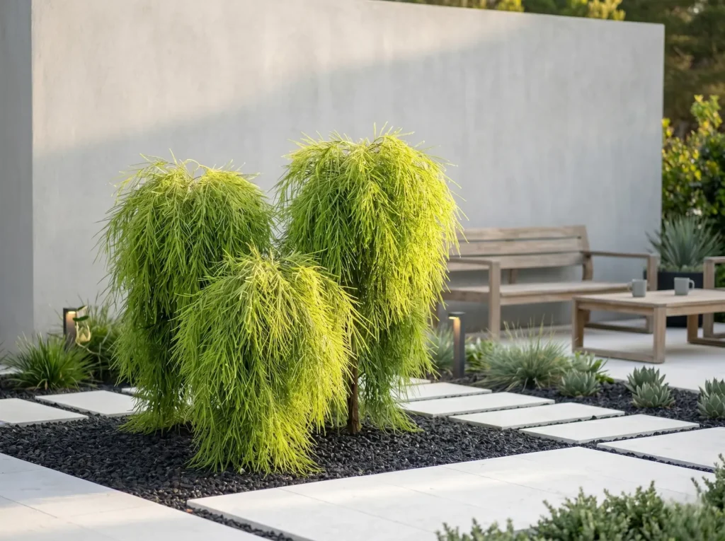 Tres ejemplares de Acacia ‘Limelight’ formando esferas perfectas en un jardín minimalista con pavimentos de piedra clara.