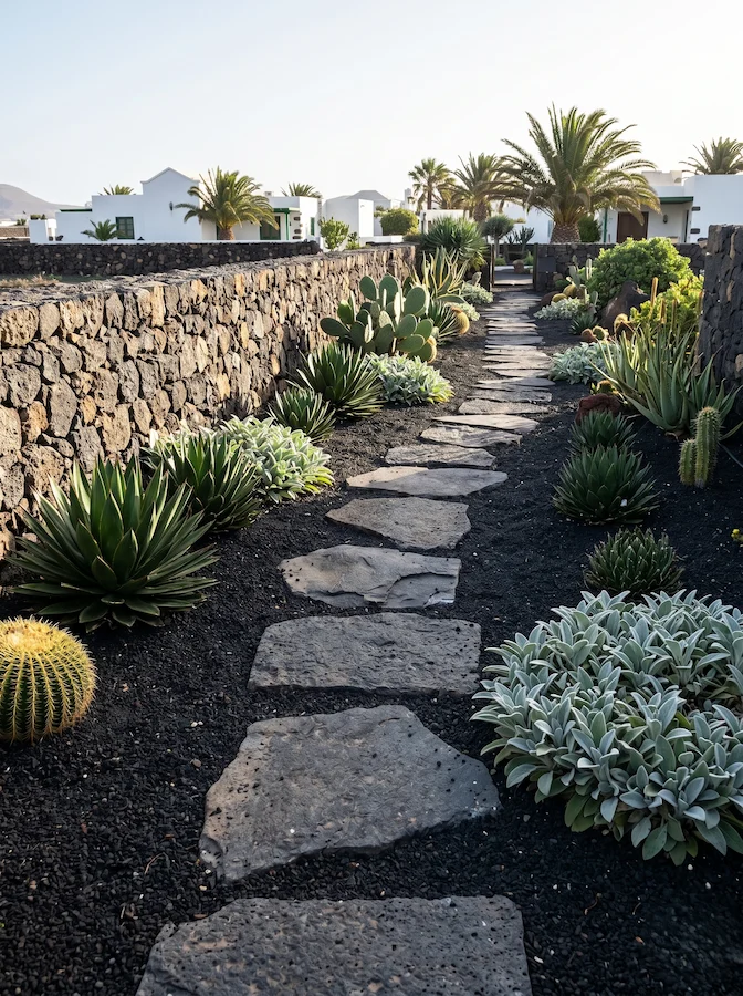 sendero de acceso, se aprecia cómo las piezas de basalto texturizado flotan visualmente sobre el lapilli oscuro. Flanqueando estas arterias, la paleta vegetal aporta destellos de luz mediante agaves esculturales y arbustos de follaje plateado