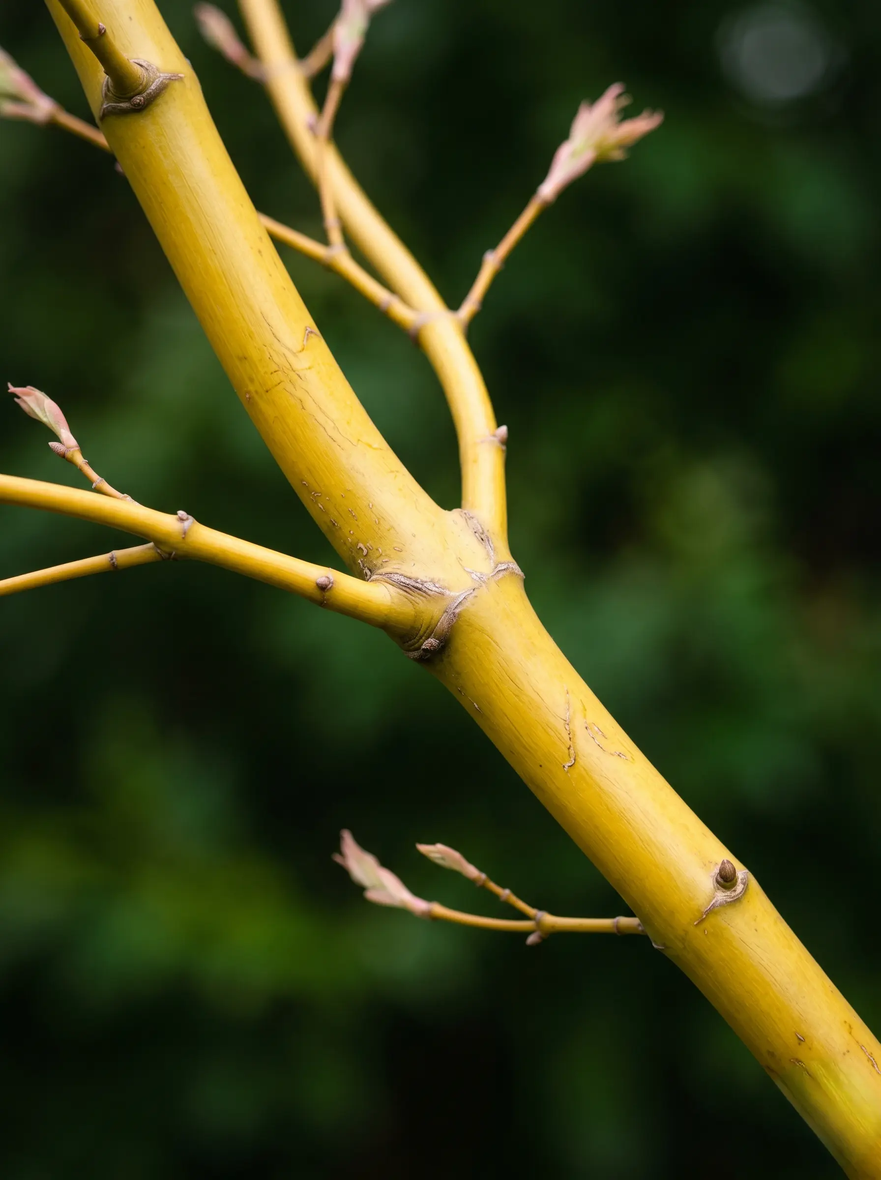 Fotografía macro de la corteza amarillo dorado y la ramificación elegante del Arce japonés 'Bi-hoo'.