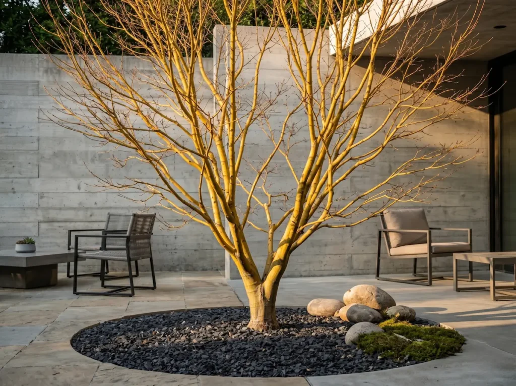 Ejemplar de Acer palmatum 'Bi-hoo' como hito visual en un jardín zen contemporáneo con pavimentos de pizarra.