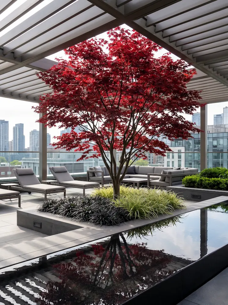 acer palmatum en maceta de acero corten integrado en atico de lujo con juego de agua