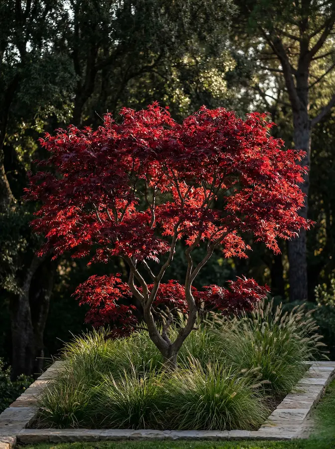 Primer plano escénico de Acer palmatum 'Osakazuki' con follaje carmesí escultural, resaltado por contraluz direccional.