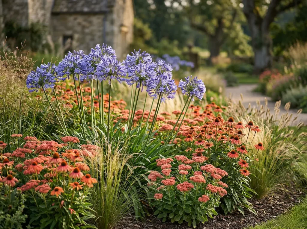 Agapanthus integrados con flores coral en una bordura de paisaje maduro y cuidado.