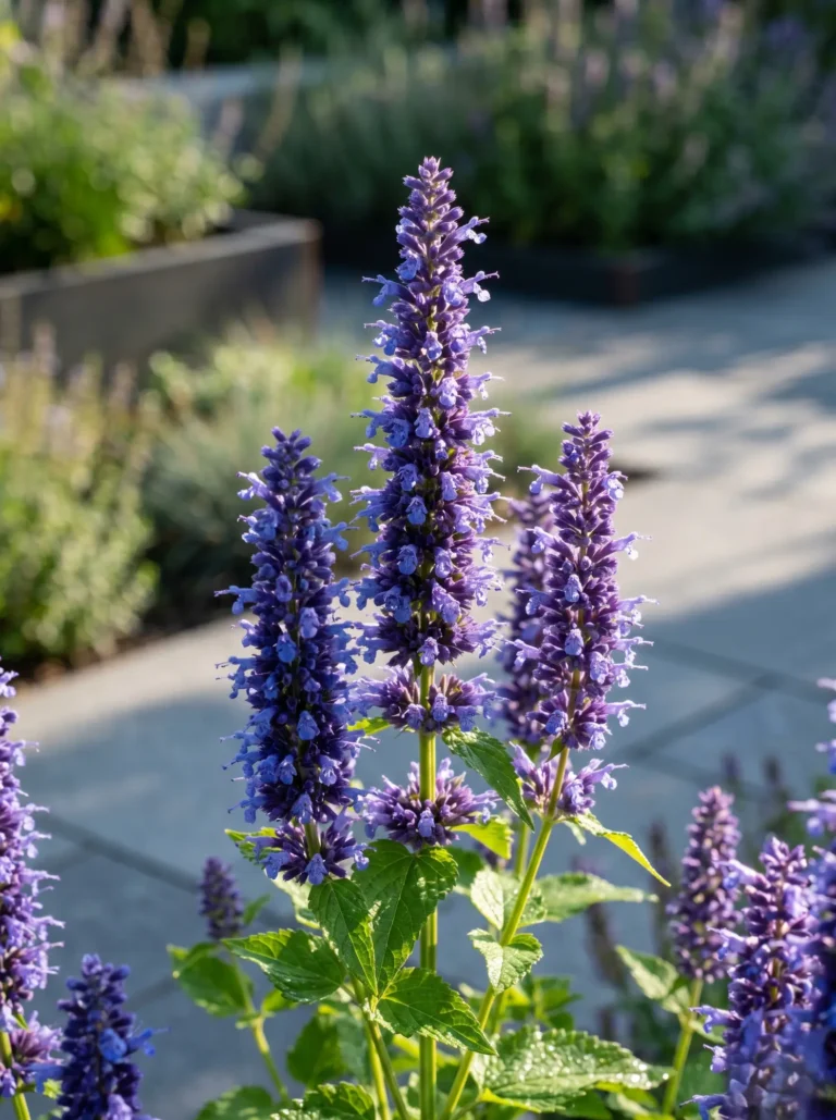 Primer plano fotográfico de las espigas densas y azuladas del Agastache (Agastache spp.), destacando su textura botánica y su atractivo para polinizadores.