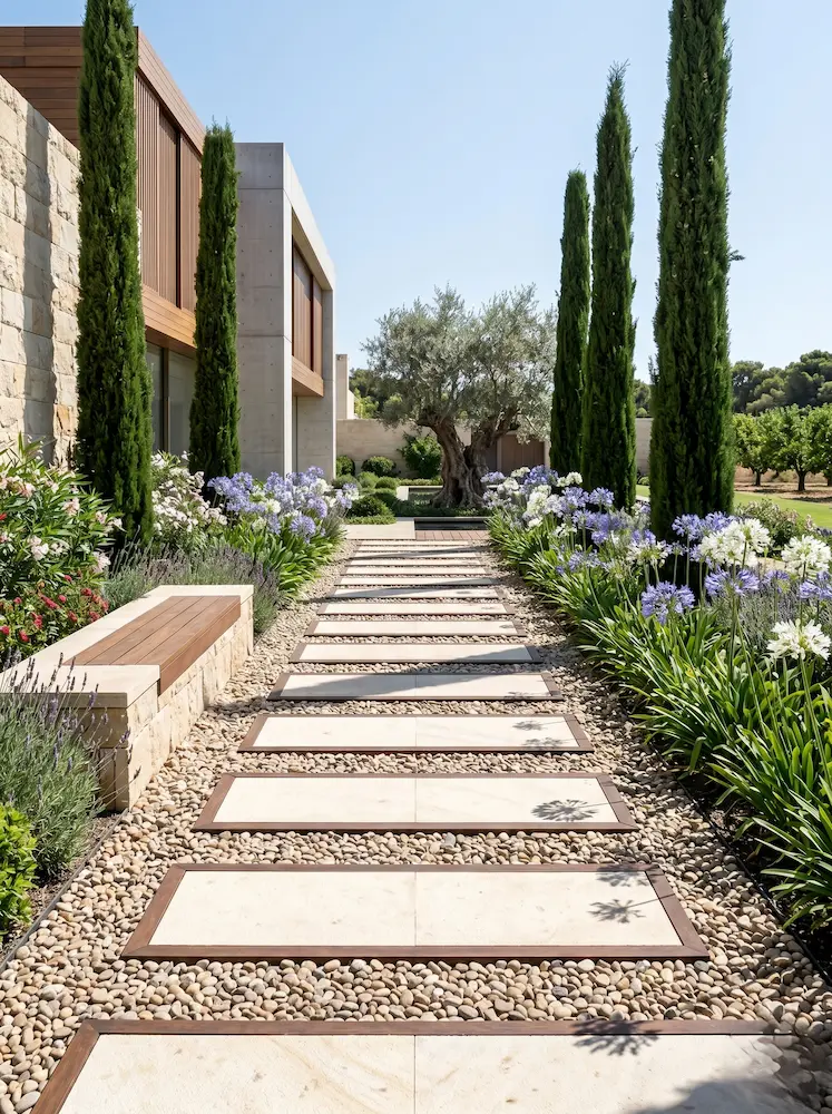 Alineación de cipreses con paso de losas rectilineas y elementos estructurales con ángulos rectos