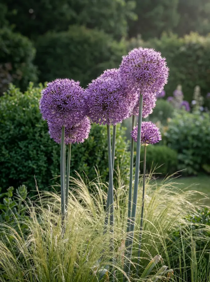 Allium ornamental integrado en jardín con gramíneas