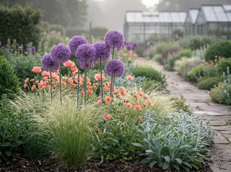 Composición botánica de Allium y flores coral en un macizo de jardín profesional.