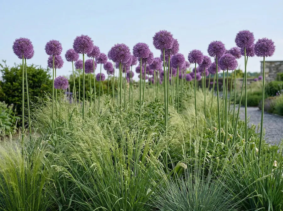 Esferas púrpuras de Allium Giganteum elevándose sobre tallos verdes en un diseño de jardín contemporáneo.