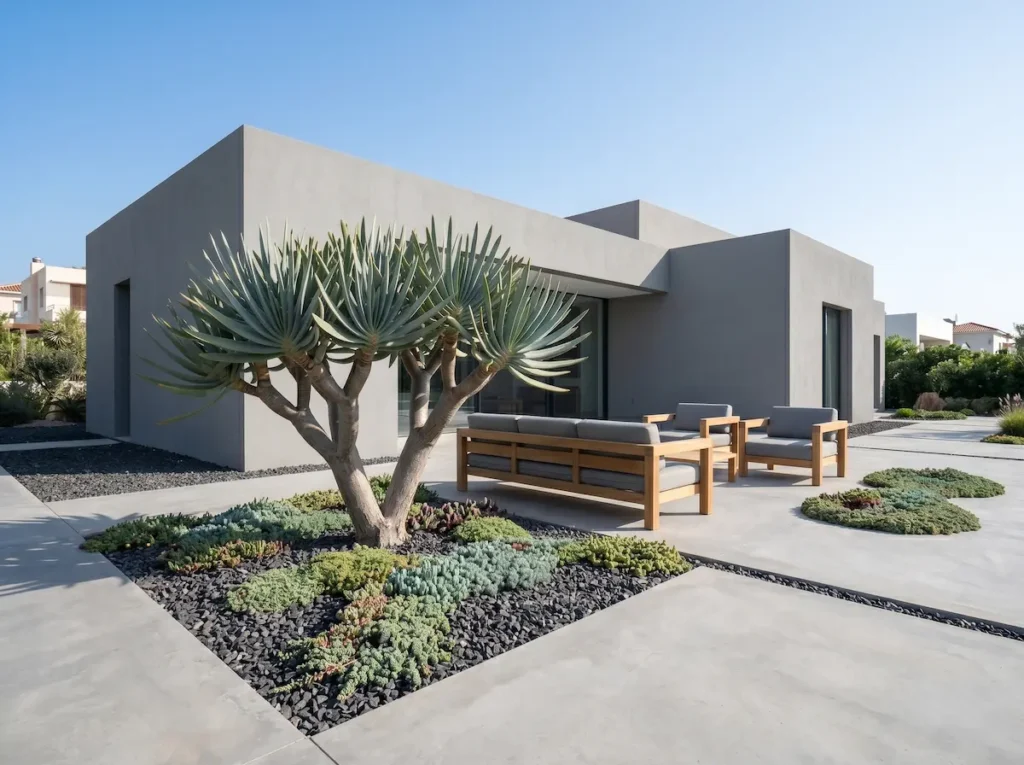 aloe de abanico o Aloe plicatilis se utiliza como un pilar estructural dentro de una terraza residencial de diseño.