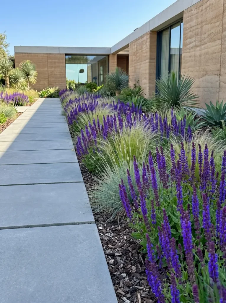 Salvia (Salvia nemorosa) introduce un orden geométrico inmediato en el estrato medio del jardín. Sus espigas florales, saturadas de un azul violeta profundo, rasgan la horizontalidad del terreno