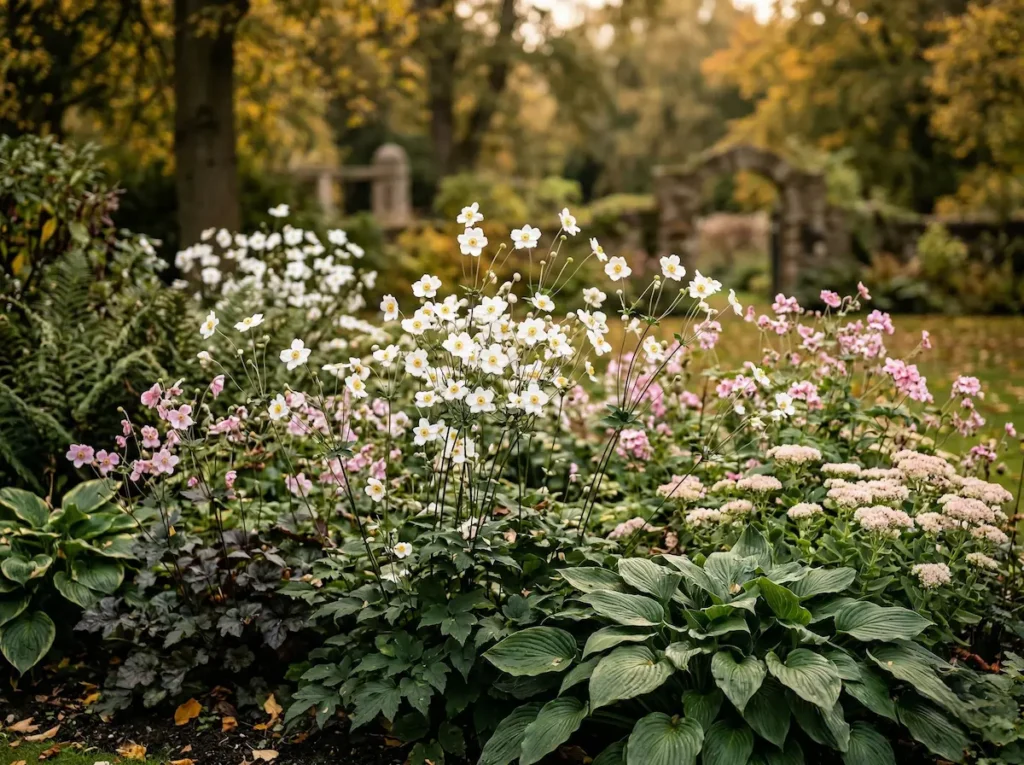 Anémonas de Japón integradas en una bordura de paisaje maduro y cuidado con luz de tarde.