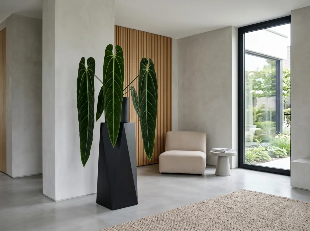 Integración paisajística del Anturio reina aportando exclusividad como hito focal en un salón de estética contemporánea, iluminado por luz diurna tamizada.