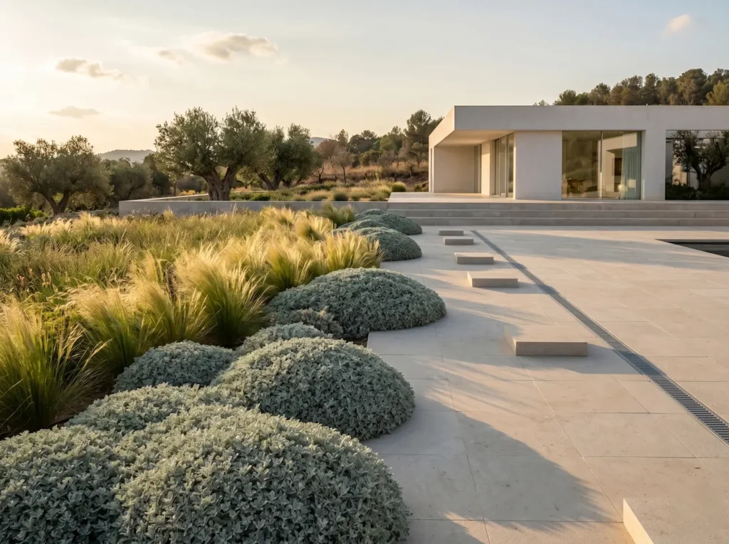 Artemisa recortada con formas orgánincas em jardín de gramíneas