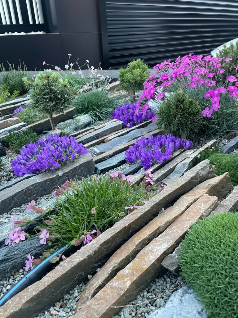 disposición paralela de las lajas de pizarra establece un flujo direccional que respeta e integra la verticalidad de los árboles maduros preexistentes. El uso de gravilla del mismo tono como lecho base unifica el conjunto, eliminando distracciones visuales y resaltando la fuerza del mineral.