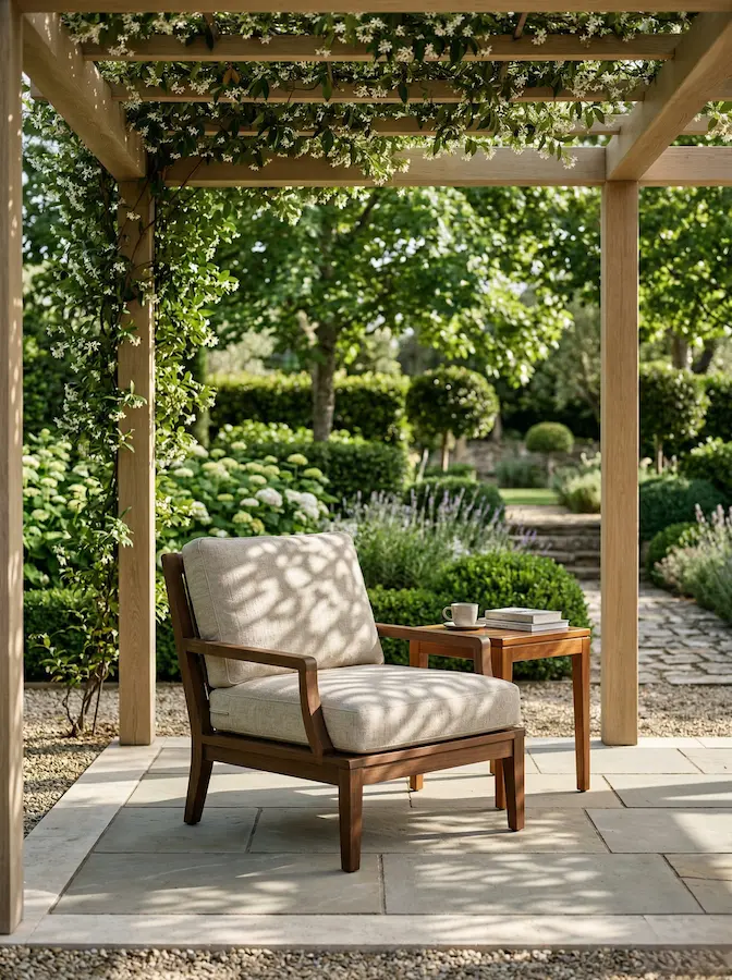 Rincón de estar bajo pérgola de madera con textiles neutros y juego de luces y sombras filtradas.
