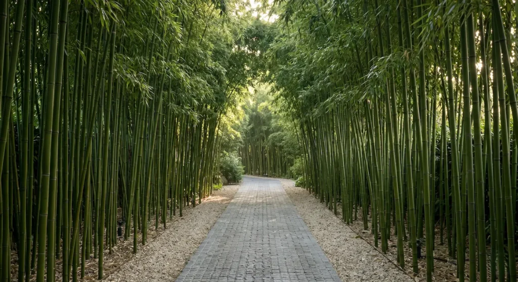 seto de bambú alineado con cañas limpias a media altura.