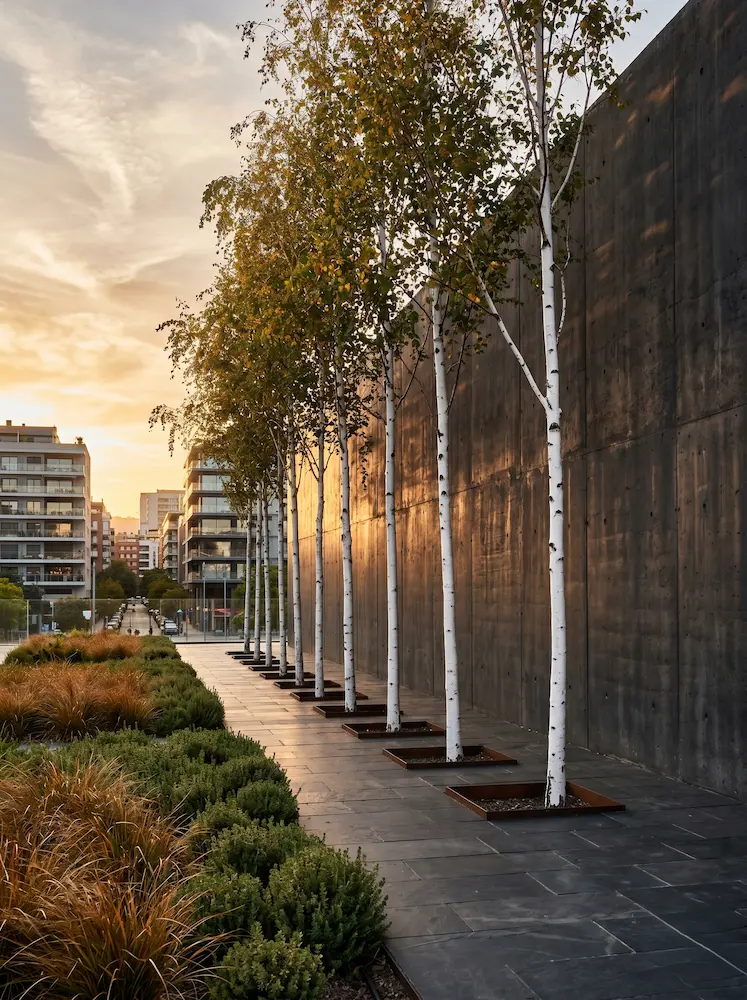 abedules alineados en fachada de urbanización urbana al atardecer