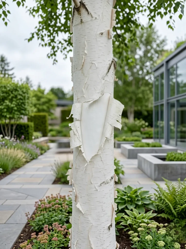Detalle de la corteza papirácea del Betula utilis'Doorenbos', mostrando un diseño cuidado y salud botánica.