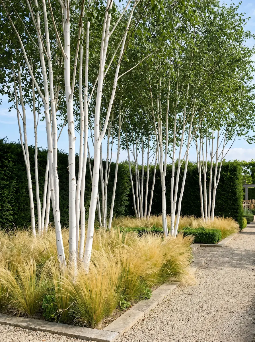 Grupo rítmico de Abedules del Himalaya Betula utilis'Doorenbos'), creando una integración paisajística de excelencia y luz en el jardín invernal.