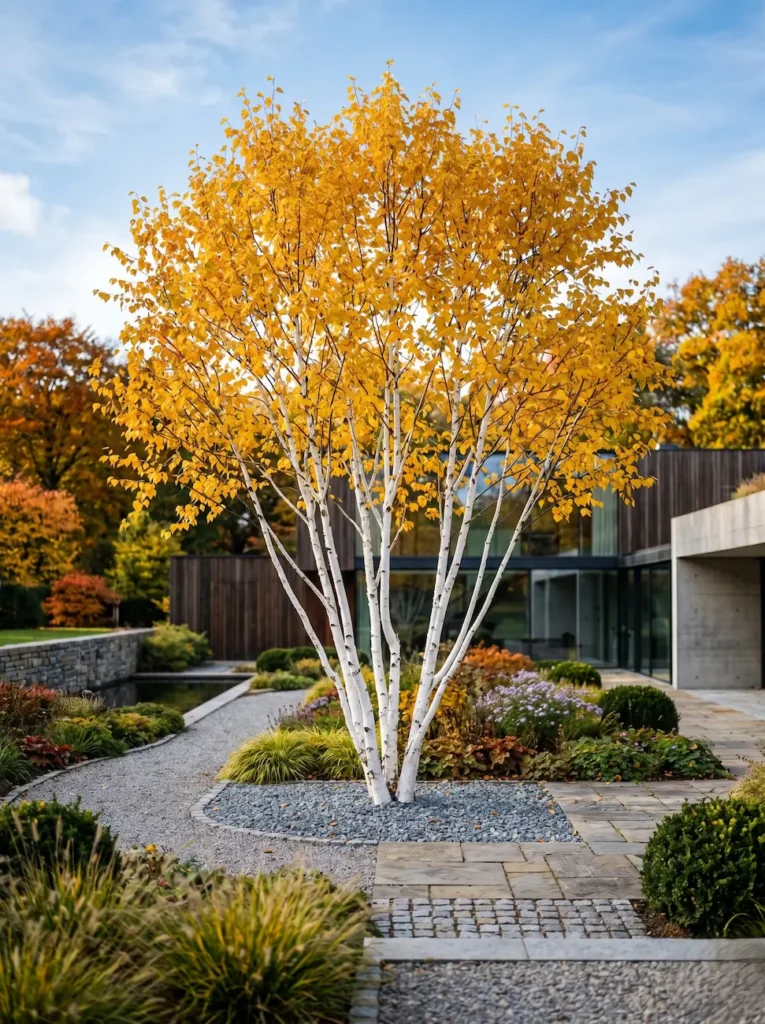Ejemplar multitallo de Betula utilis'Doorenbos' con follaje otoñal, un estándar profesional de volumen escultural.