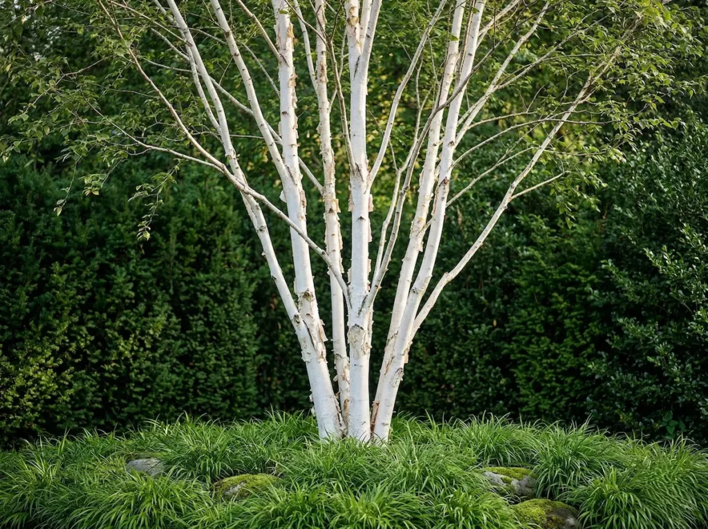 Betula 'Doorenbos' en su forma multitallo completa. La imagen presenta la planta entera, mostrando su copa ligera y su estructura ascendente integrada en un jardín contemporáneo.