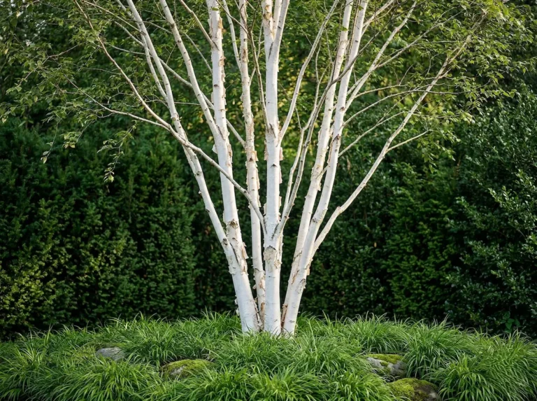 Betula 'Doorenbos' en su forma multitallo completa. La imagen presenta la planta entera, mostrando su copa ligera y su estructura ascendente integrada en un jardín contemporáneo.