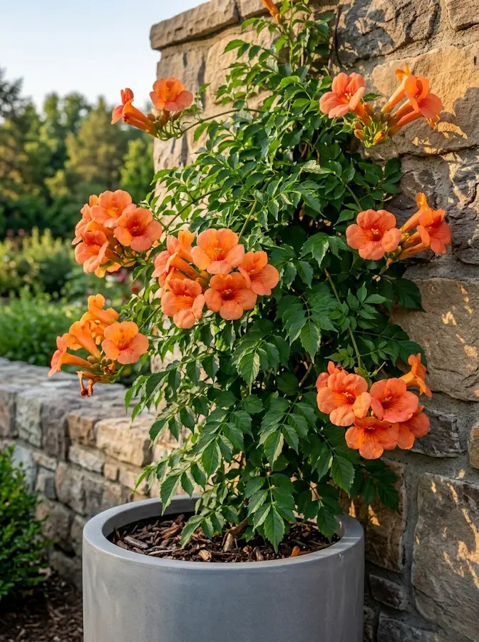 bignonia radicans en maceta gris sobre muro de piedra