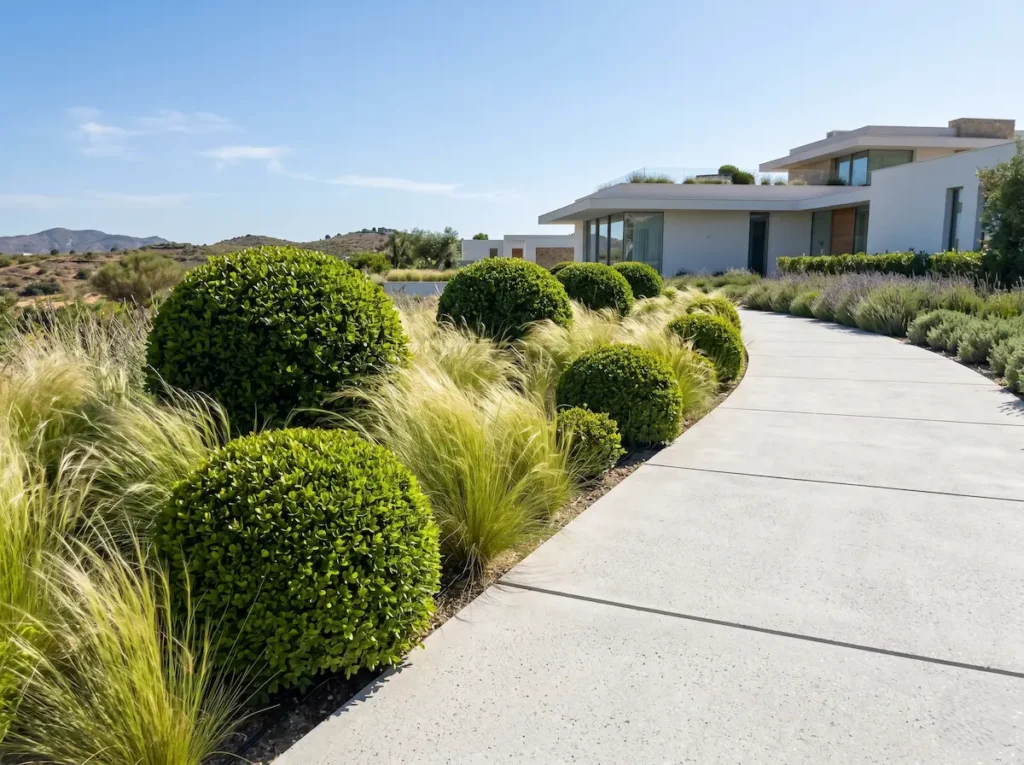 Integración paisajística de volúmenes esféricos de Boj común (Buxus sempervirens) aportando estructura y contraste en un jardín de estética contemporánea con gramíneas.