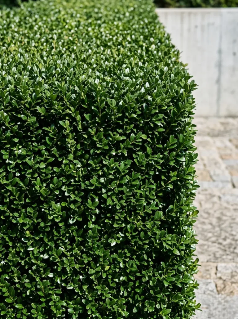 Primer plano fotográfico del follaje perenne, denso y coriáceo del Boj común (Buxus sempervirens), mostrando un recorte geométrico impecable.