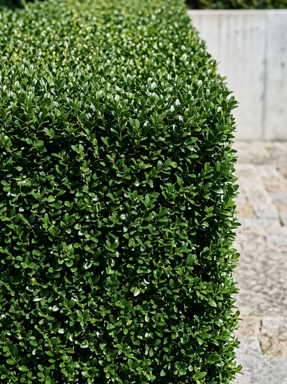 Primer plano fotográfico del follaje perenne, denso y coriáceo del Boj común (Buxus sempervirens), mostrando un recorte geométrico impecable.