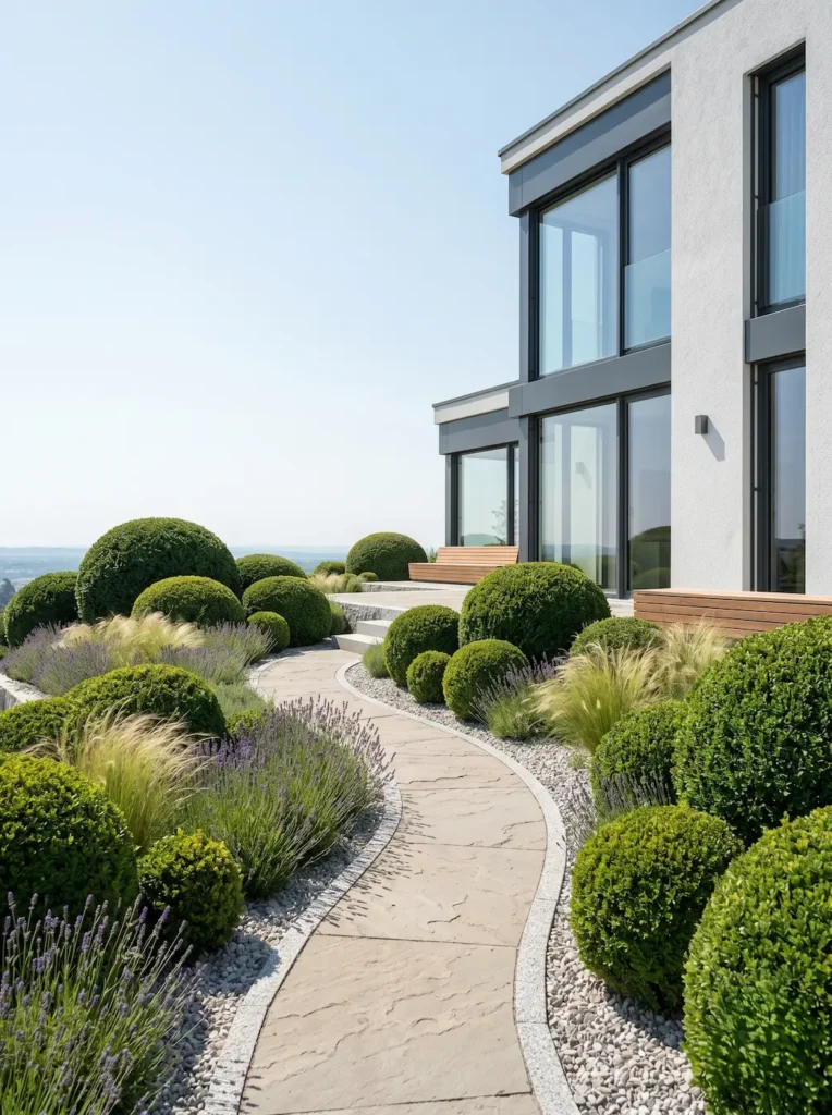 podar de manera escultural especies como el boj común (Buxus sempervirens), se generan piezas escénicas que actúan como mampostería viva, consolidando una integración paisajística que dota al proyecto de un peso tectónico de excelencia.