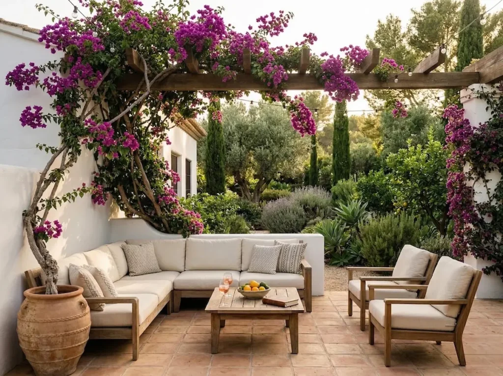 Buganvilla púrpura cascando sobre un muro blanco en una terraza de diseño de alta gama.